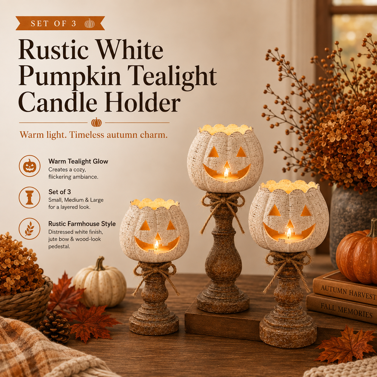 Rustic white pumpkin tealight candle holders styled for fall