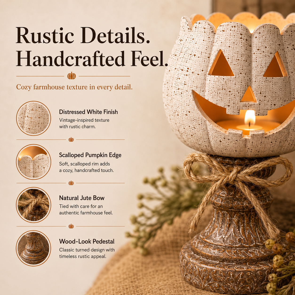 Close view of distressed white pumpkin candle holders