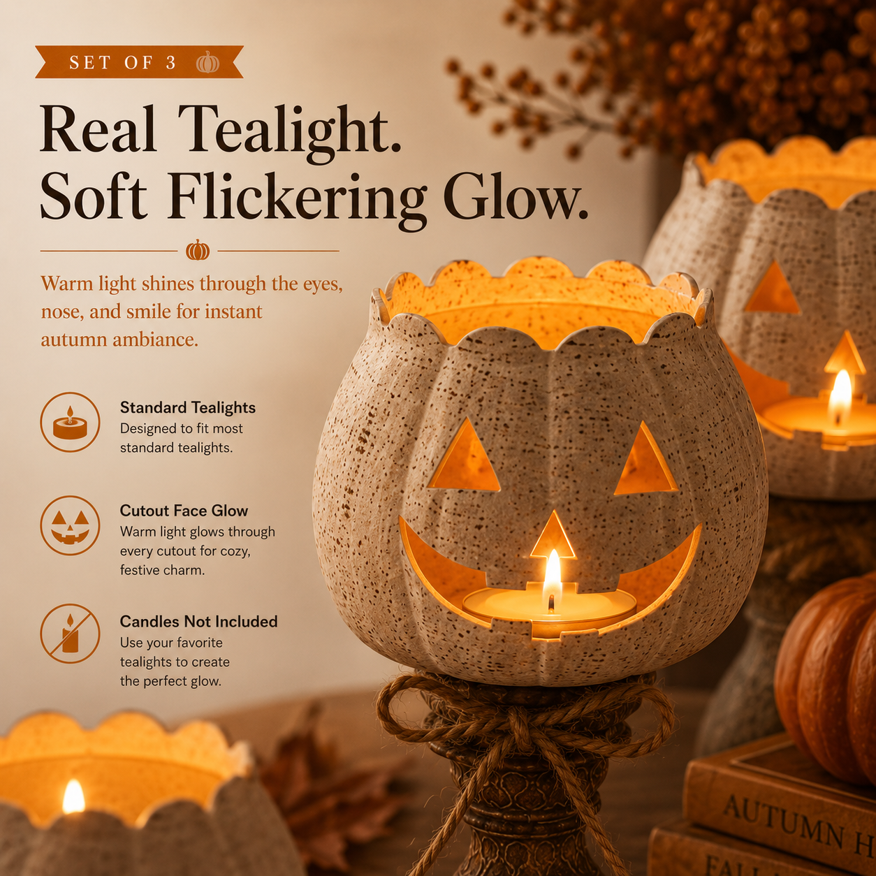 Tealight glow shining through pumpkin faces