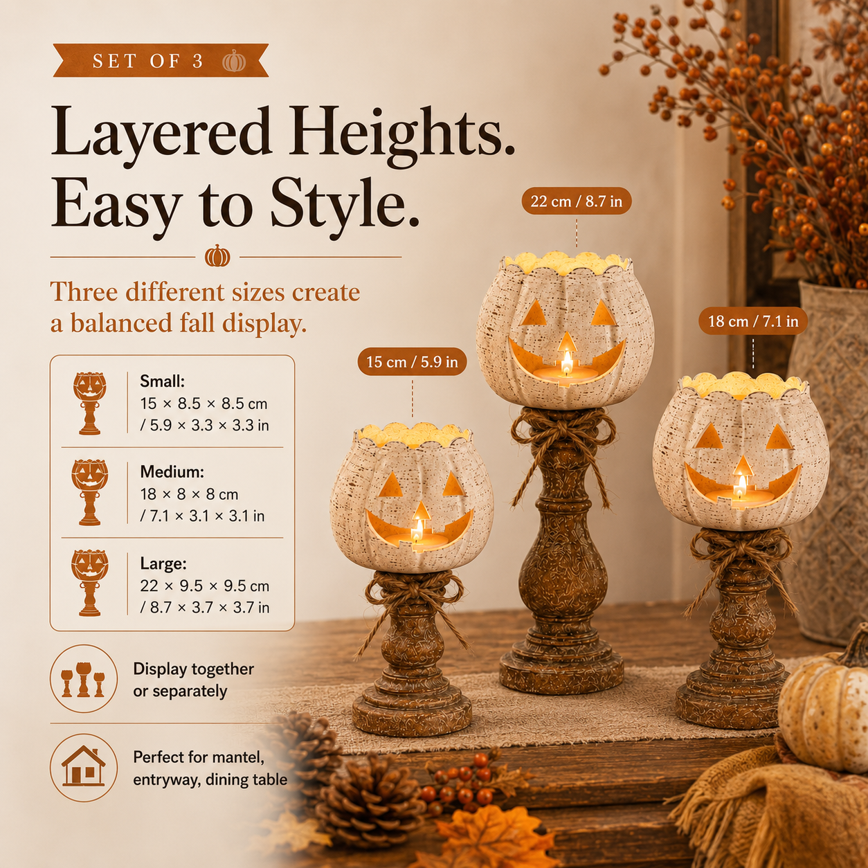 Small medium and large white pumpkin candle holder sizes