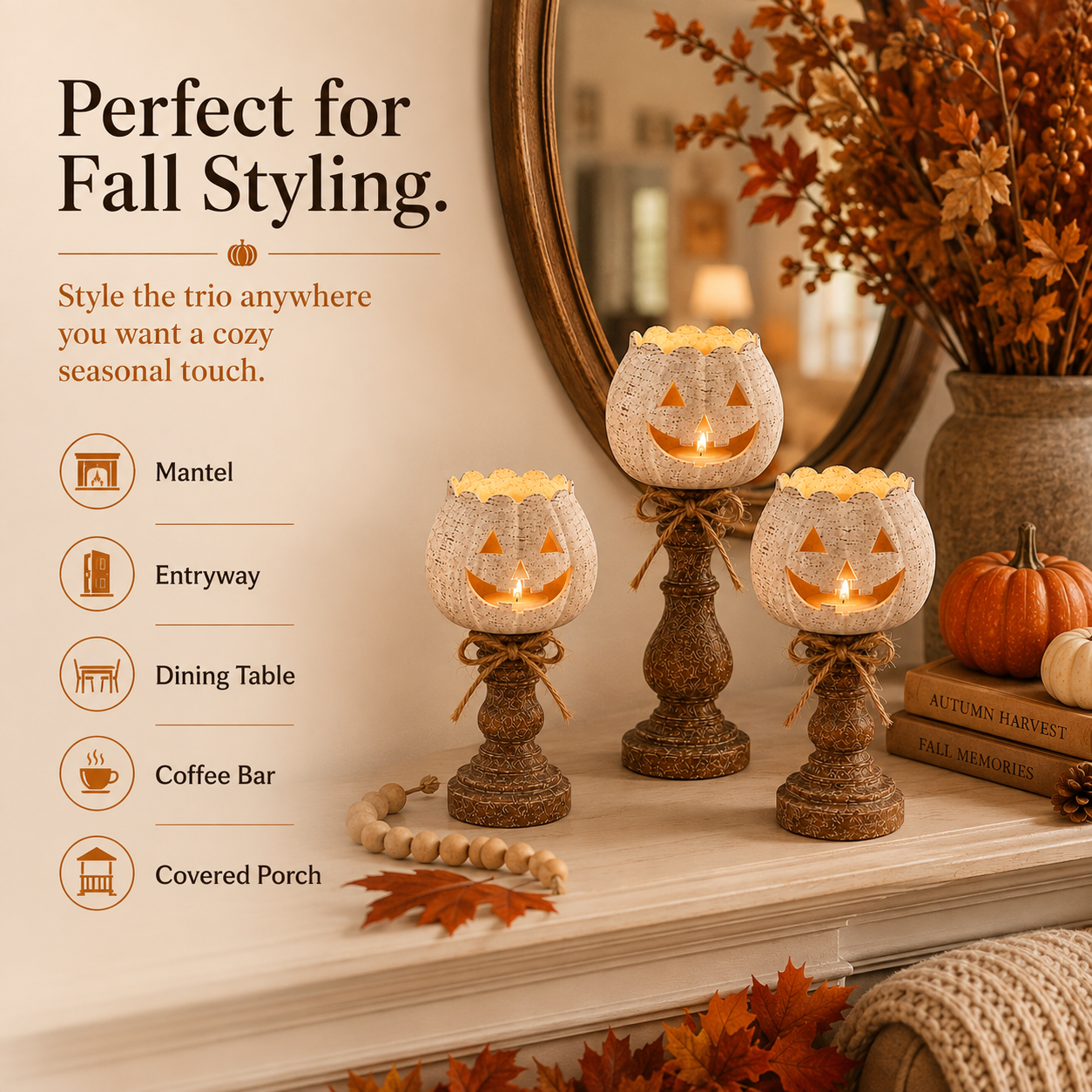 White pumpkin tealight holders styled around the home