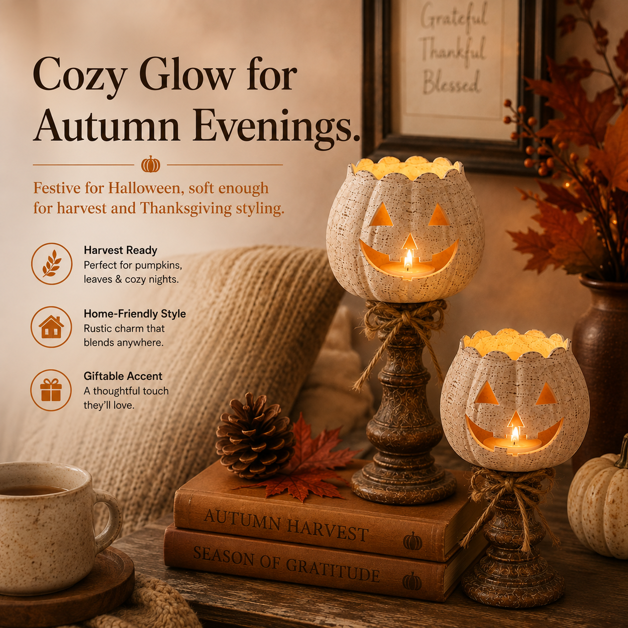 Rustic pumpkin candle holders in an autumn room