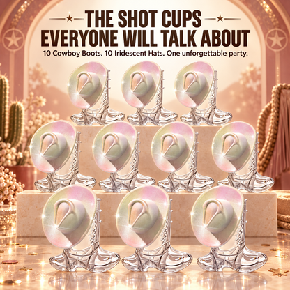 🤠 10-Pack Cowboy Boot Shot Cups with Iridescent Hats – Western Party Set