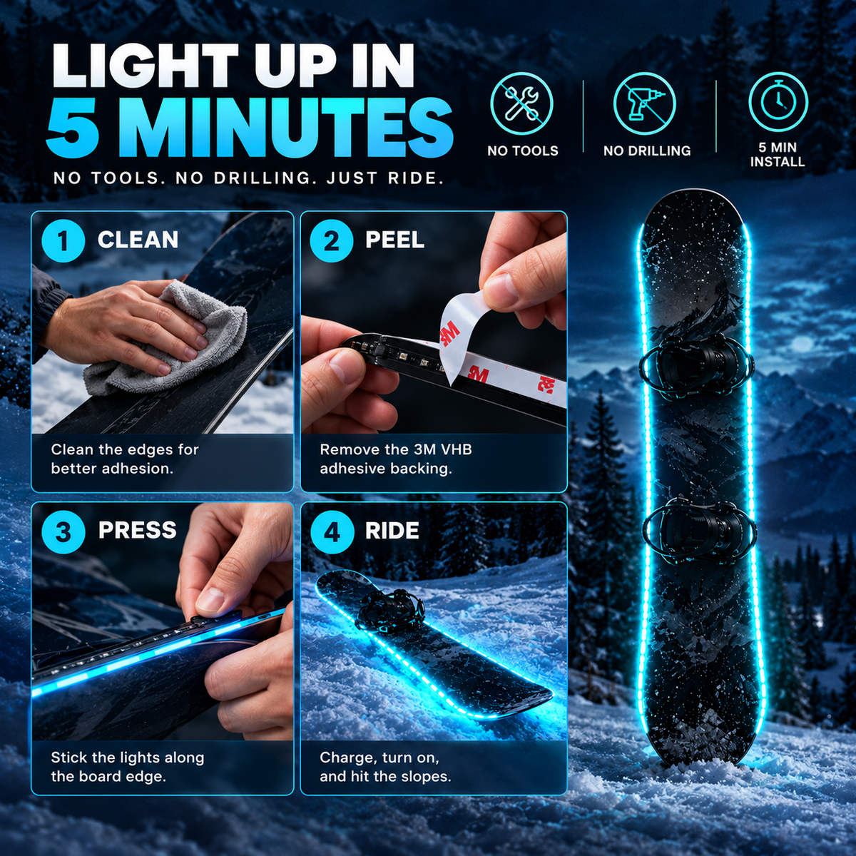 🏂 LED Snowboard Light System | 7 Colors, IP68 Waterproof, 5-Min Install！！！