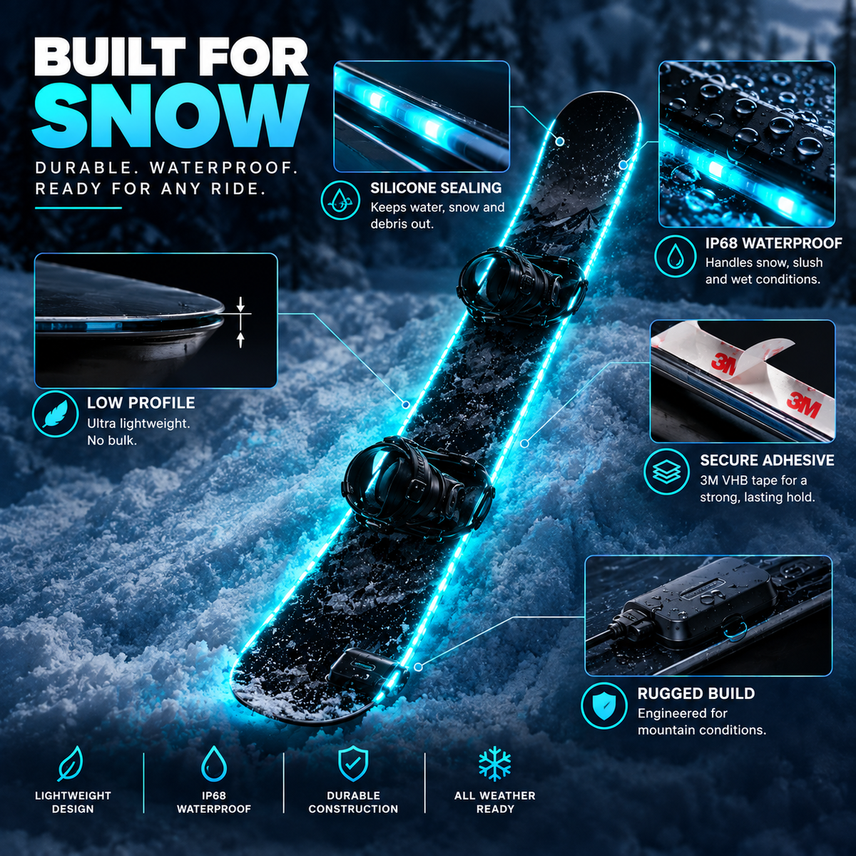 🏂 LED Snowboard Light System | 7 Colors, IP68 Waterproof, 5-Min Install！！！