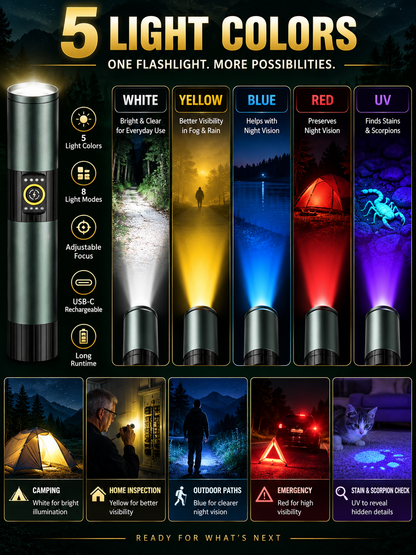 🔥 Outdoor Gear Deal – 5-Color Rechargeable Flashlight 🔦 High-Lumen LED Torch with UV, Strobe & Magnetic Base ✨