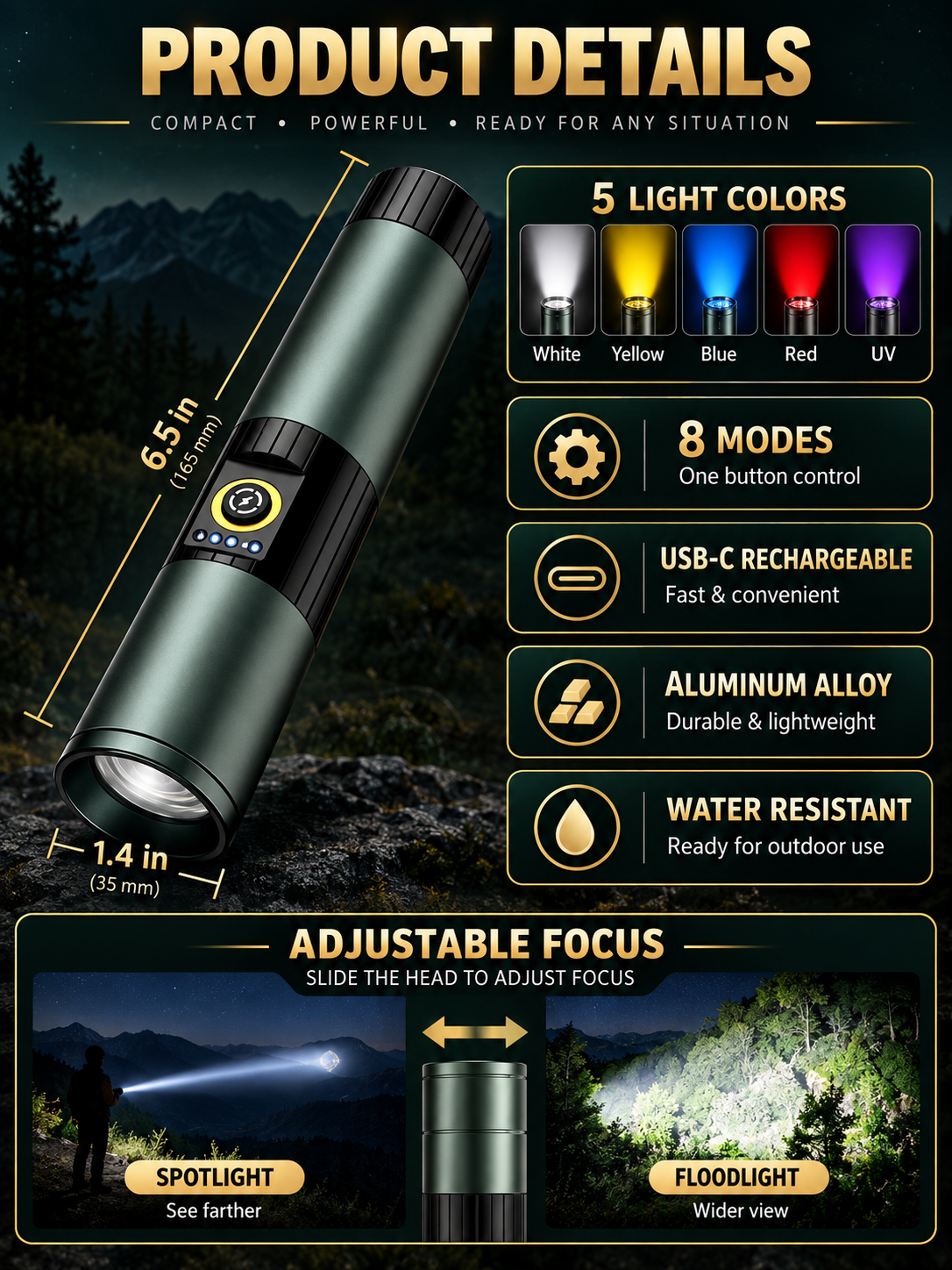 🔥 Outdoor Gear Deal – 5-Color Rechargeable Flashlight 🔦 High-Lumen LED Torch with UV, Strobe & Magnetic Base ✨