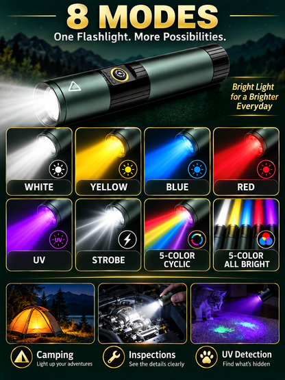 🔥 Outdoor Gear Deal – 5-Color Rechargeable Flashlight 🔦 High-Lumen LED Torch with UV, Strobe & Magnetic Base ✨