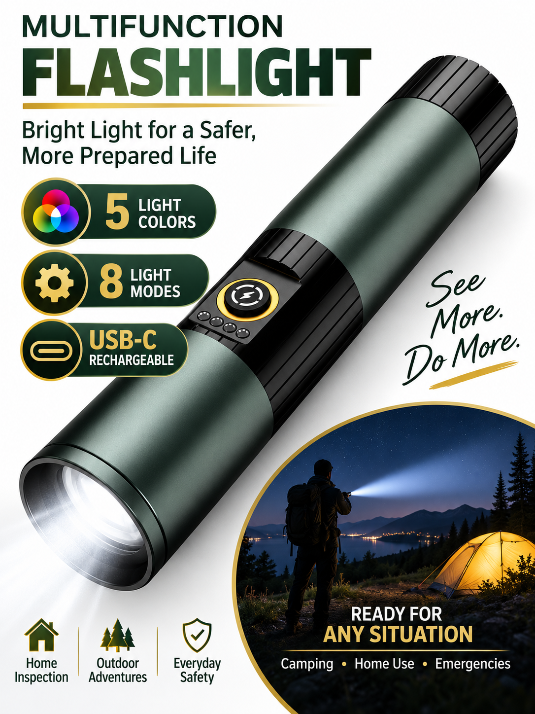 🔥 Outdoor Gear Deal – 5-Color Rechargeable Flashlight 🔦 High-Lumen LED Torch with UV, Strobe & Magnetic Base ✨