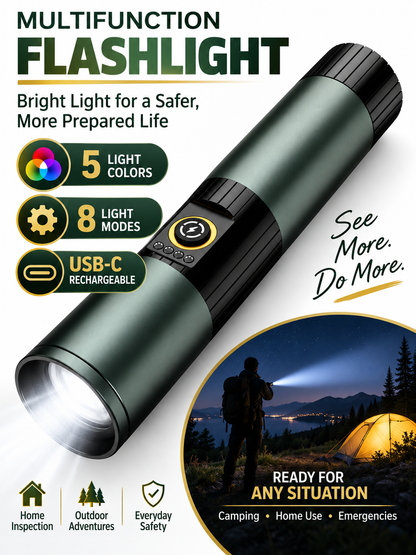 🔥 Outdoor Gear Deal – 5-Color Rechargeable Flashlight 🔦 High-Lumen LED Torch with UV, Strobe & Magnetic Base ✨