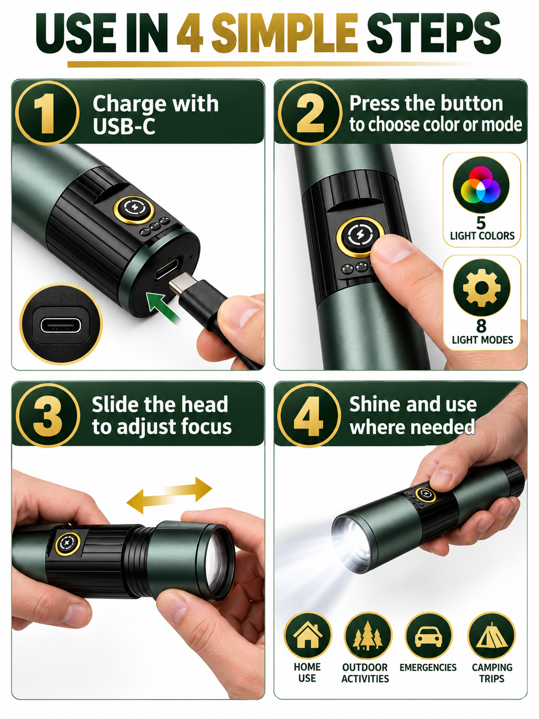 🔥 Outdoor Gear Deal – 5-Color Rechargeable Flashlight 🔦 High-Lumen LED Torch with UV, Strobe & Magnetic Base ✨