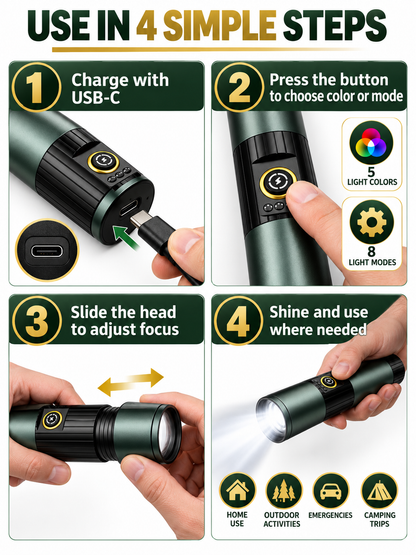 🔥 Outdoor Gear Deal – 5-Color Rechargeable Flashlight 🔦 High-Lumen LED Torch with UV, Strobe & Magnetic Base ✨