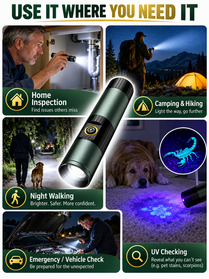 🔥 Outdoor Gear Deal – 5-Color Rechargeable Flashlight 🔦 High-Lumen LED Torch with UV, Strobe & Magnetic Base ✨