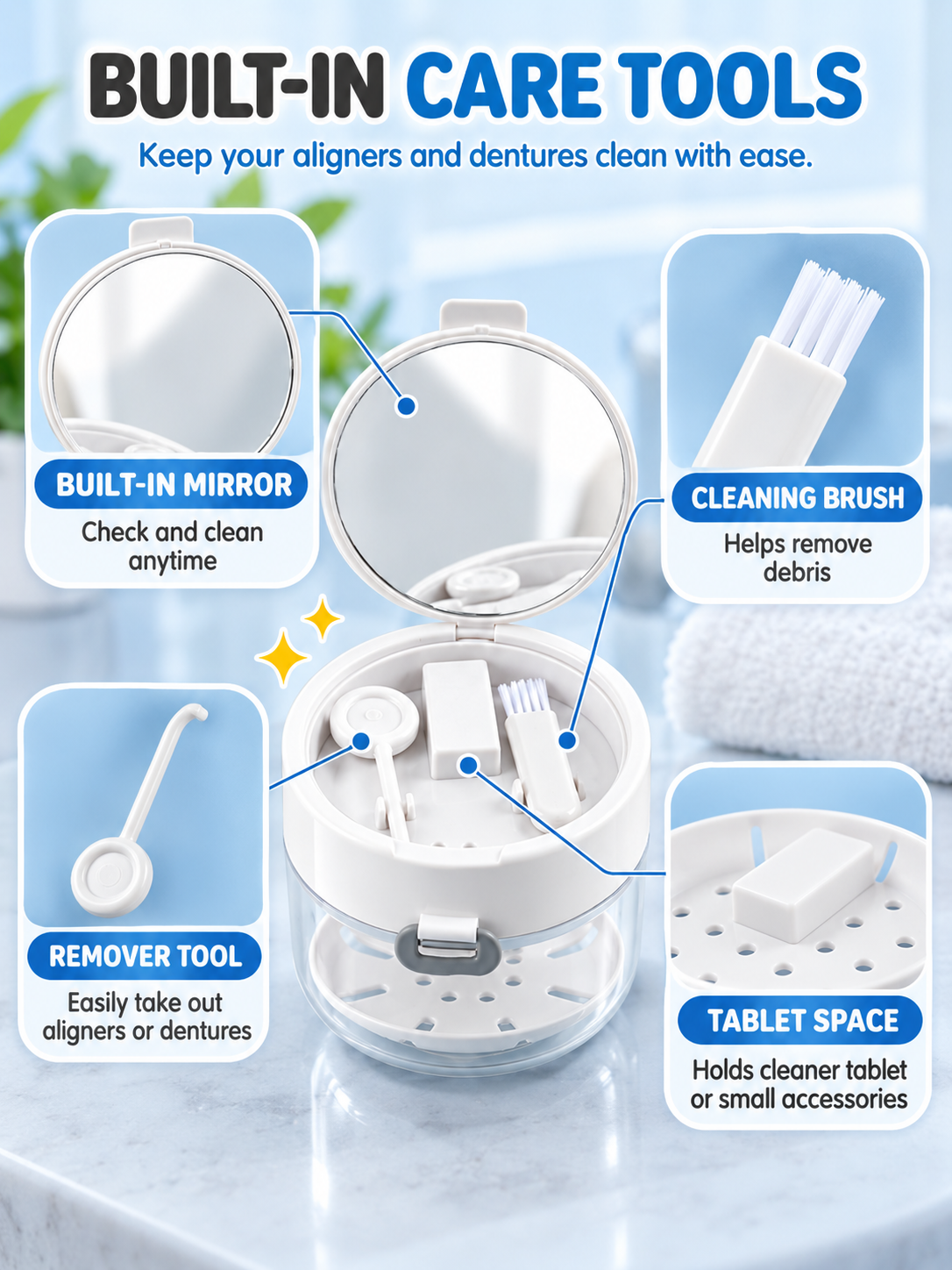 ✨ Travel Care Deal – Retainer Cleaning Case 🦷 Soak, Store & Rinse Container with Mirror & Brush for On-the-Go Use 💼