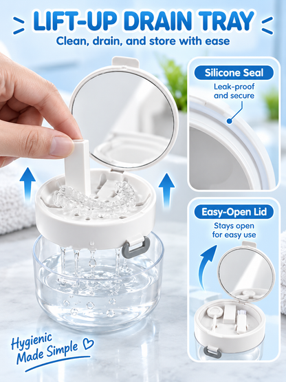 ✨ Travel Care Deal – Retainer Cleaning Case 🦷 Soak, Store & Rinse Container with Mirror & Brush for On-the-Go Use 💼