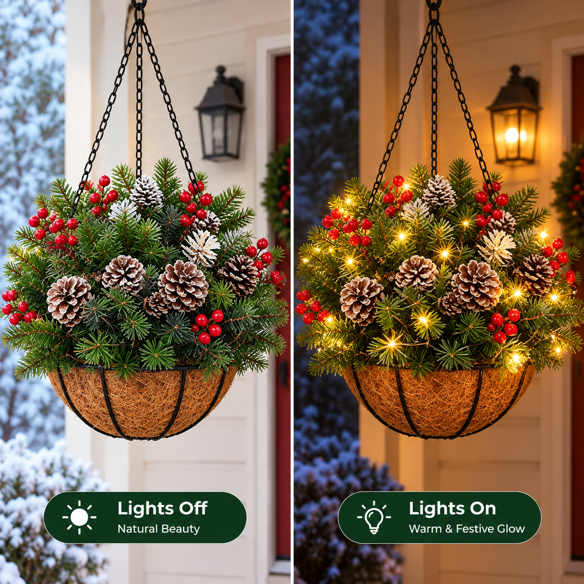 🎄 Last Day 50% OFF 🎄 Pre-Lit Christmas Hanging Basket | Pre-lit, weather-resistant, and zero maintenance🏆