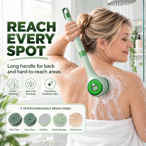 🚿 5-in-1 Long-Handle Electric Body Scrubber with Digital Display 🌿