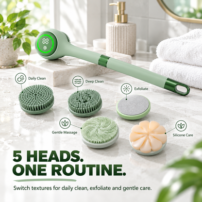 🚿 5-in-1 Long-Handle Electric Body Scrubber with Digital Display 🌿