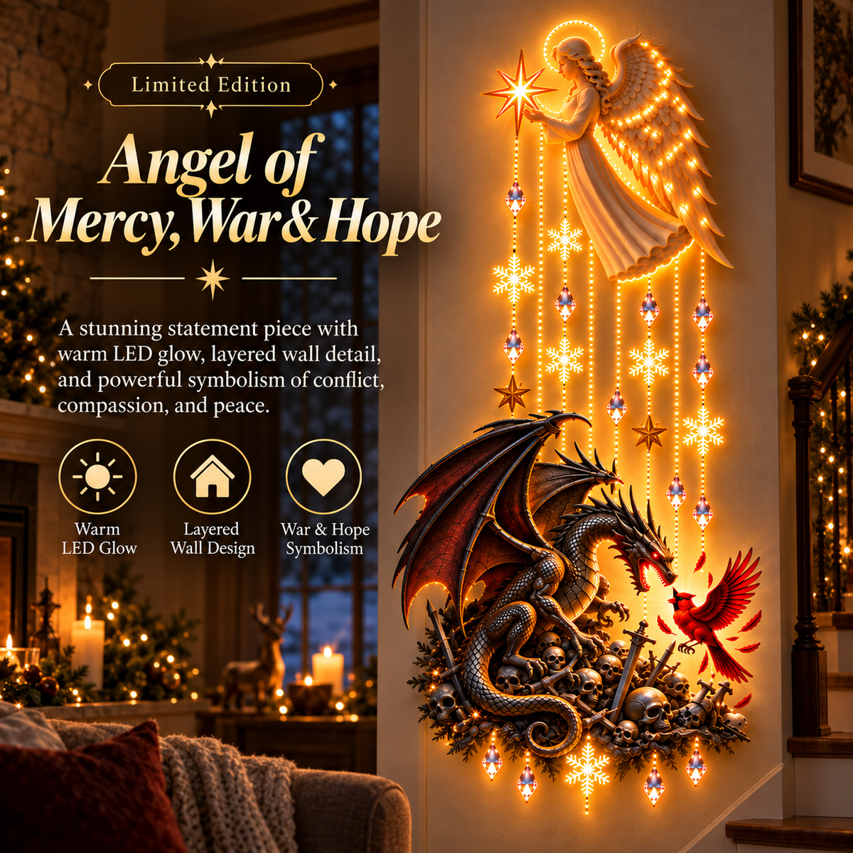 🐉🐦Mercy, War & Hope Lighted Wall Hanging-A Prayer for Peace Lighted Angel Wall Decor
