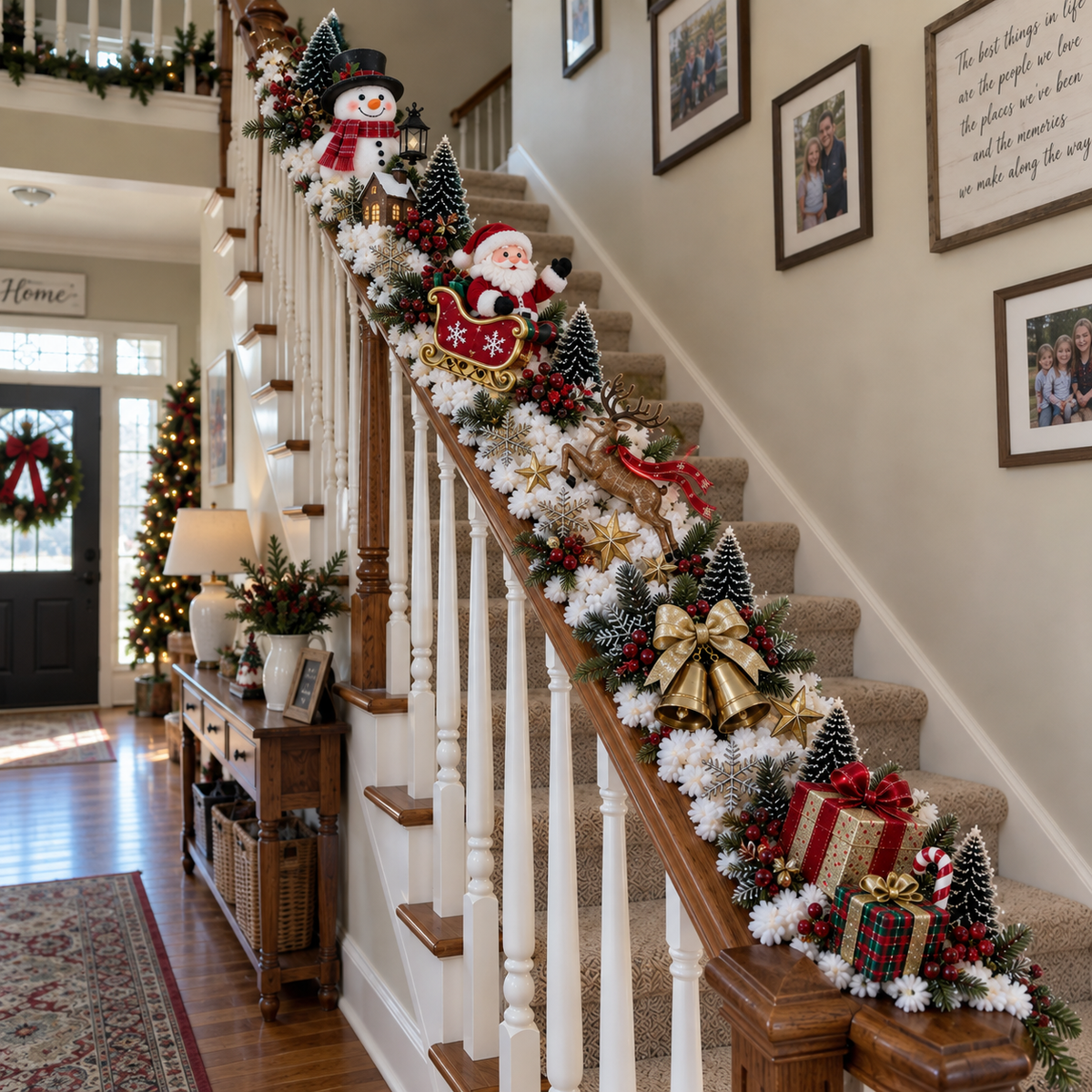 🎅 Santa’s Sleigh Snowy Stair Railing Decor | Pre-Lit Christmas Banister Garland
