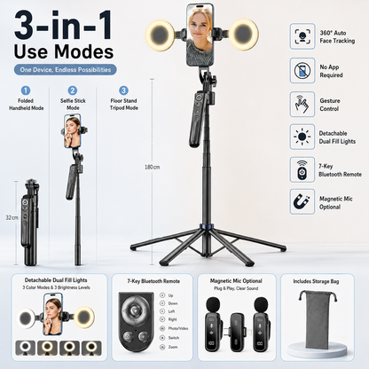 AI Face Tracking Selfie Stick Tripod – 360° Auto Tracking, 70.8' 4-Leg Stand with Dual Fill Lights & Wireless Mic Options