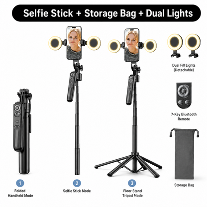 AI Face Tracking Selfie Stick Tripod – 360° Auto Tracking, 70.8' 4-Leg Stand with Dual Fill Lights & Wireless Mic Options