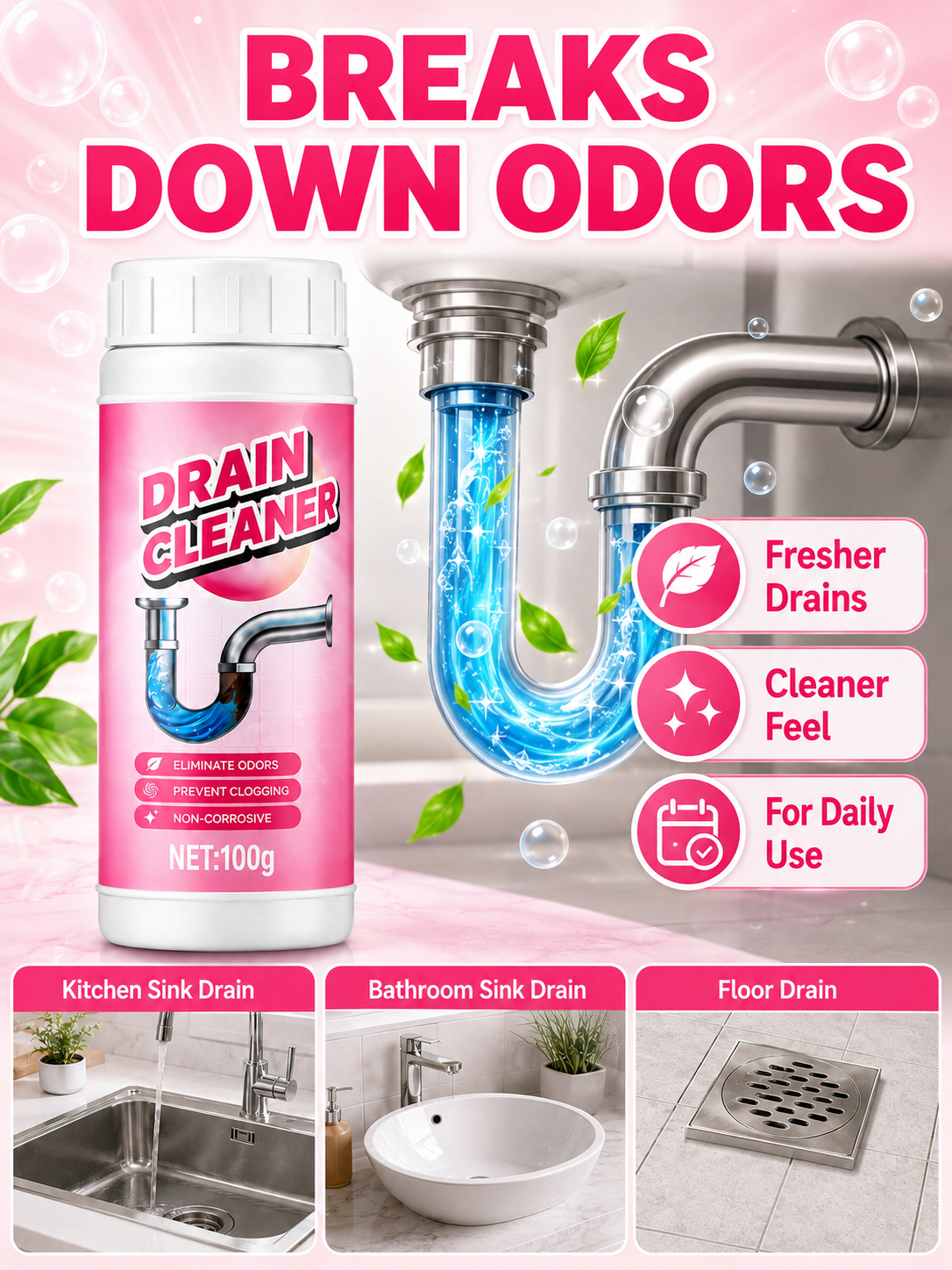 🚿💧 Powerful Drain Cleaner 🫧 Fast Acting Foaming Clog Remover & Deodorizer for Kitchen Sinks Pipes & Household Drains