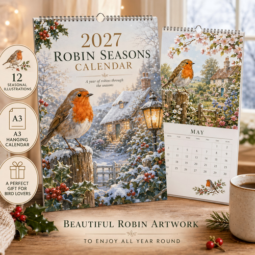 🎁50% OFF📆2027 Robin Seasons Calendar – British Countryside Garden Bird Wall Calendar & Gift for Bird Lovers