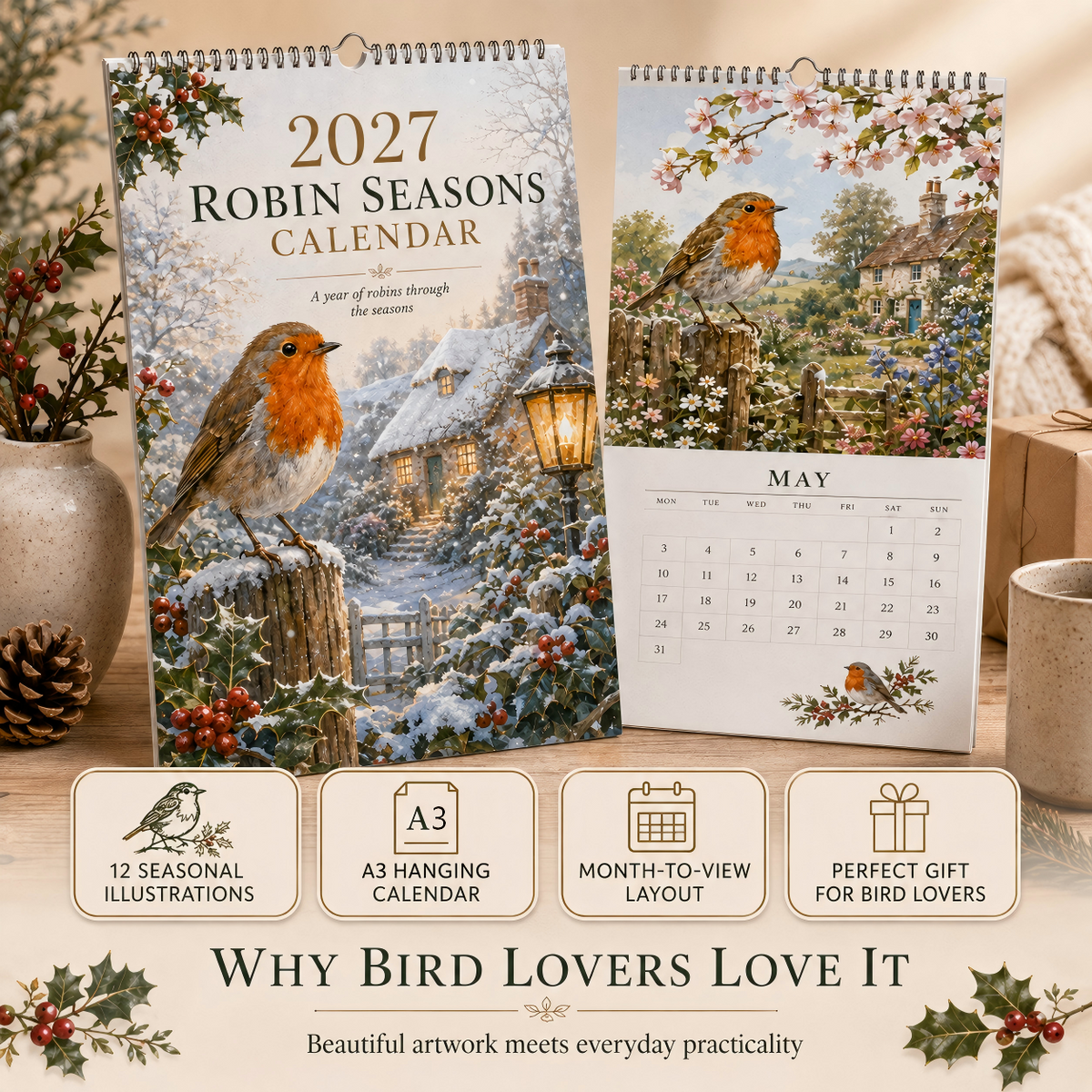 🎁50% OFF📆2027 Robin Seasons Calendar – British Countryside Garden Bird Wall Calendar & Gift for Bird Lovers