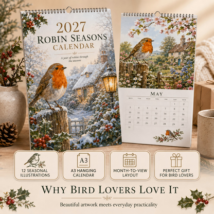 🎁50% OFF📆2027 Robin Seasons Calendar – British Countryside Garden Bird Wall Calendar & Gift for Bird Lovers