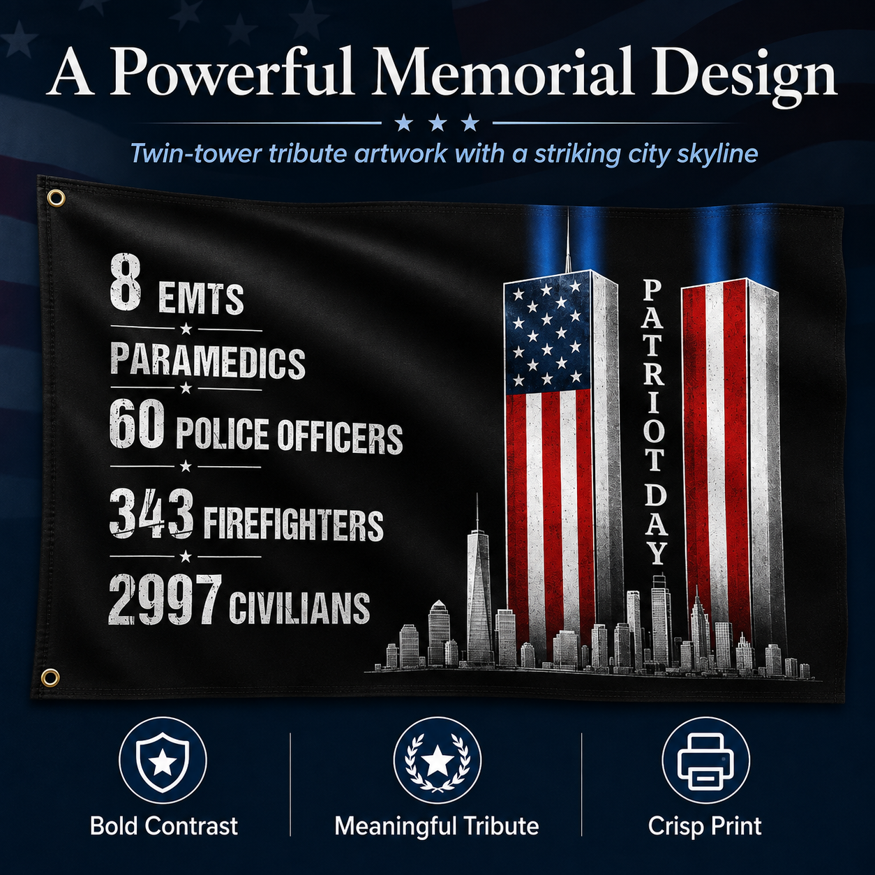 9/11 Patriot Day Memorial Historical Numbers US Grommet Flag