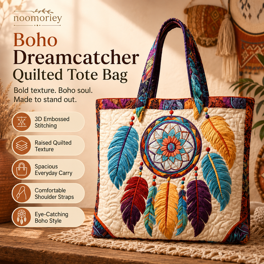 ✨ Boho Dreamcatcher Quilted Tote Bag – 3D Embroidered Feather Design, Spacious Everyday Carryall