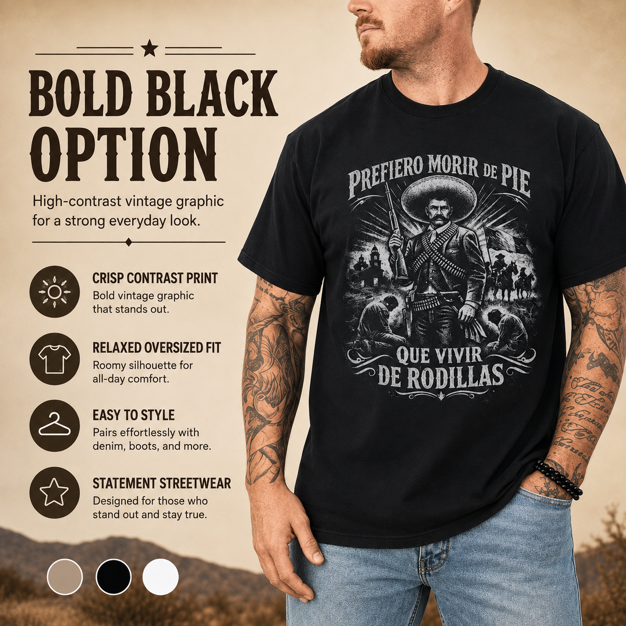 🇲🇽 Emiliano Zapata Graphic Tee – 100% Cotton Oversized Vintage-Style T-Shirt