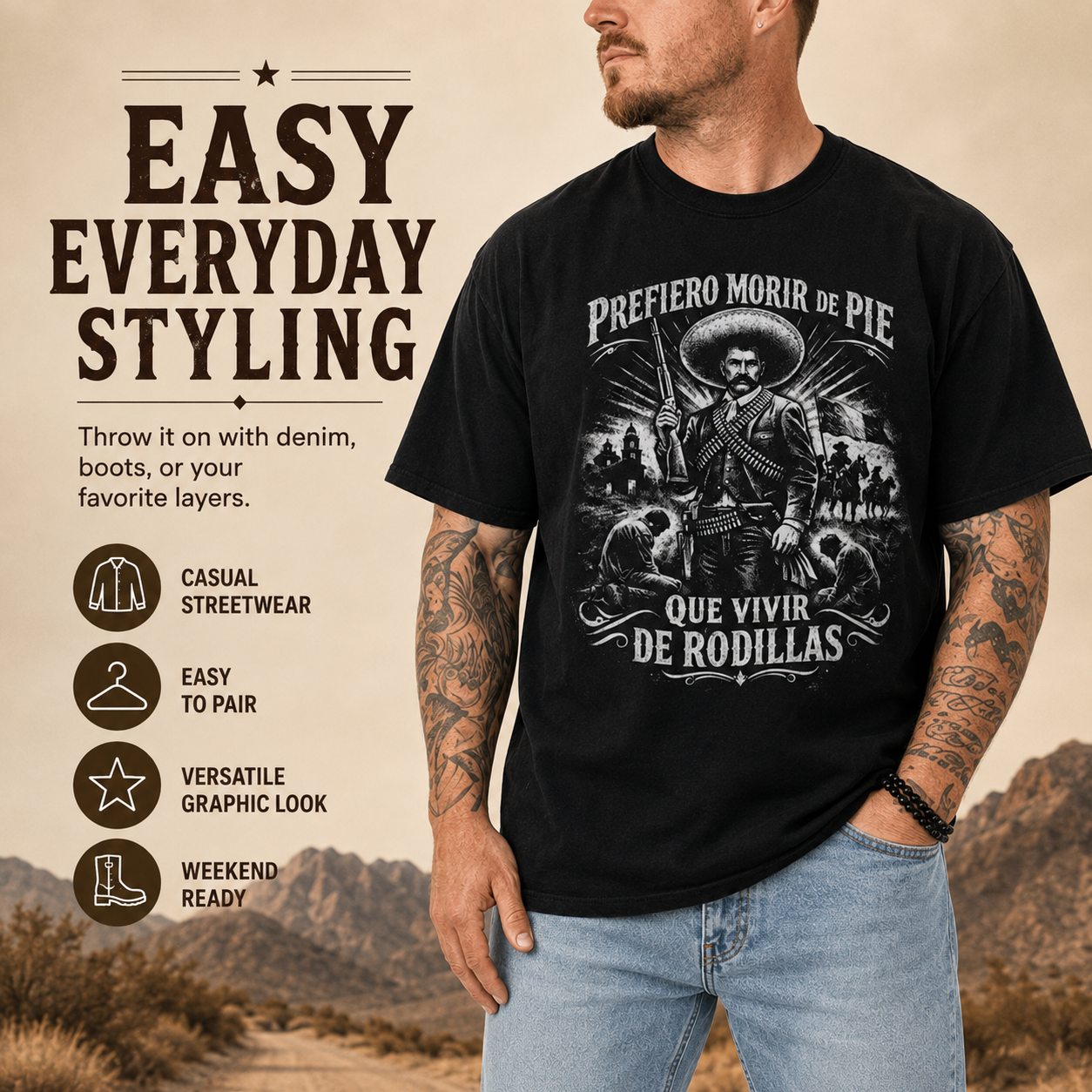 🇲🇽 Emiliano Zapata Graphic Tee – 100% Cotton Oversized Vintage-Style T-Shirt