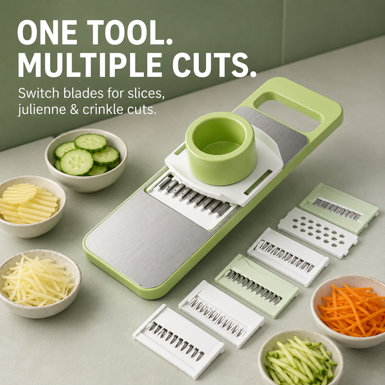 Multi‑Shape Adjustable Vegetable Slicer, Stainless Steel Blade Shredder, Slice, Julienne & Flower‑Cut for Fruit Veggie Meal Prep