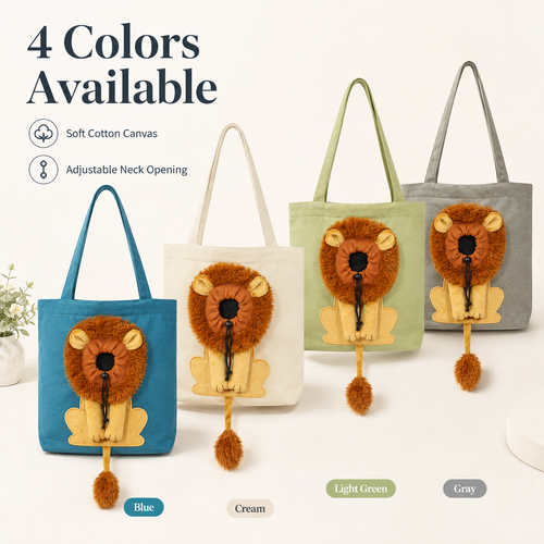 🦁 Lion-Shaped Pet Shoulder Bag – Cute Canvas Cat Carrier with Adjustable Head Opening & Soft Plush Details 🐱