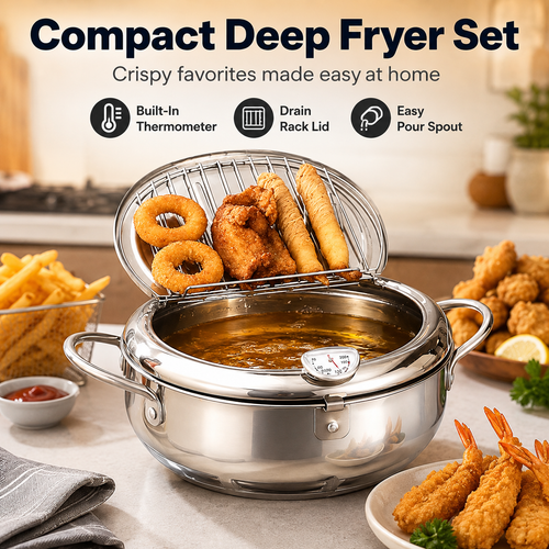 🍗304 Stainless Steel Stovetop Deep Fryer Pot – With Thermometer