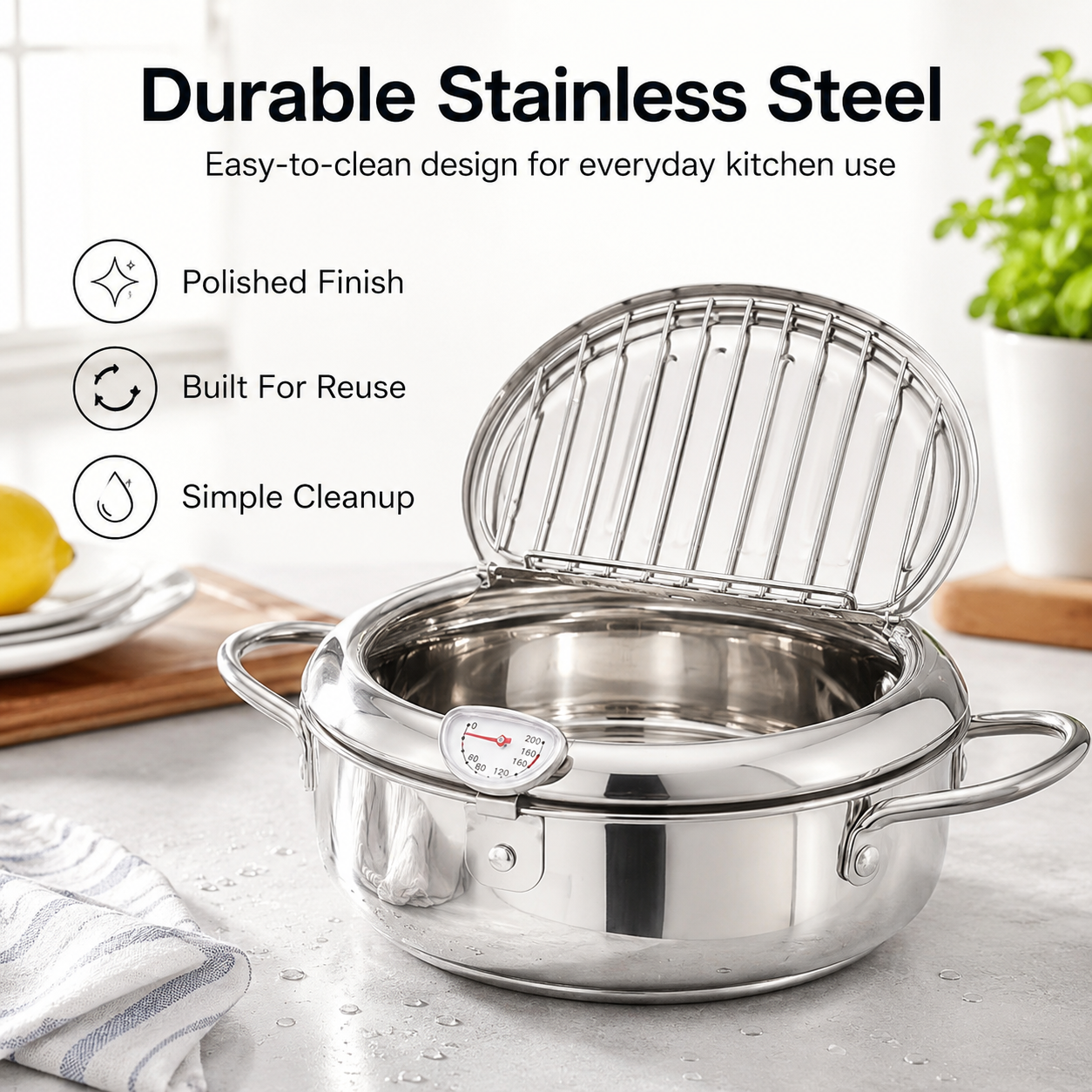 🍗304 Stainless Steel Stovetop Deep Fryer Pot – With Thermometer