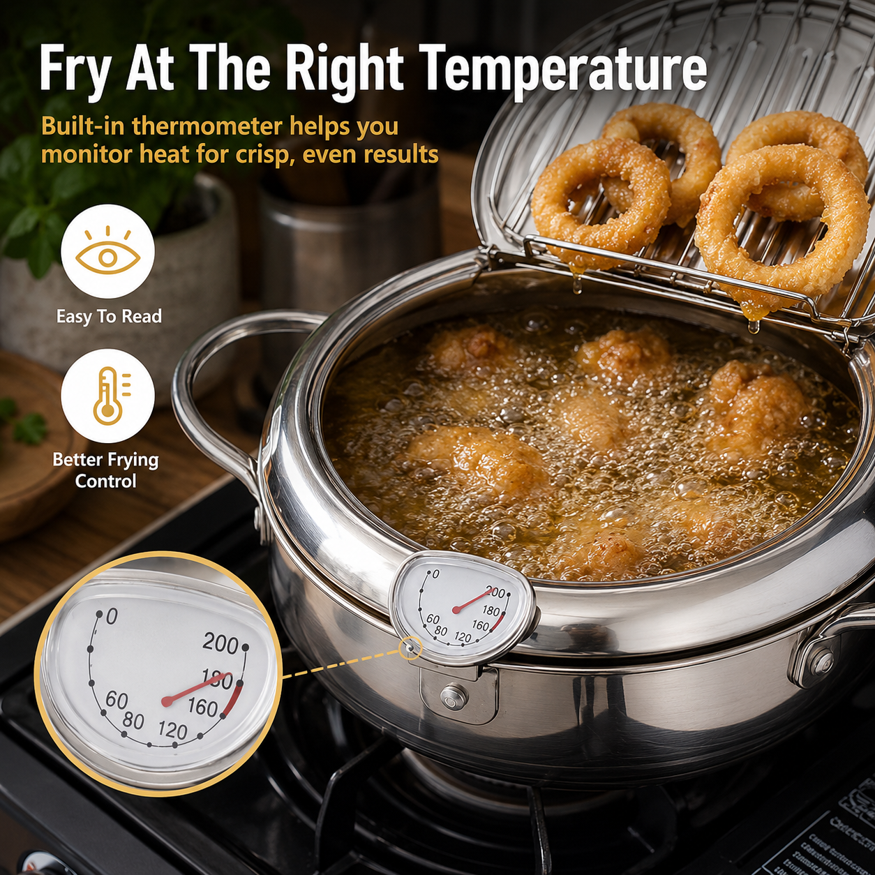 🍗304 Stainless Steel Stovetop Deep Fryer Pot – With Thermometer