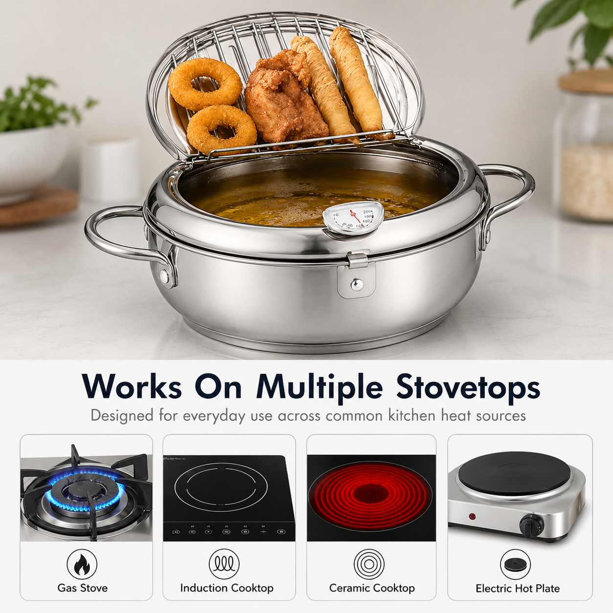 🍗304 Stainless Steel Stovetop Deep Fryer Pot – With Thermometer