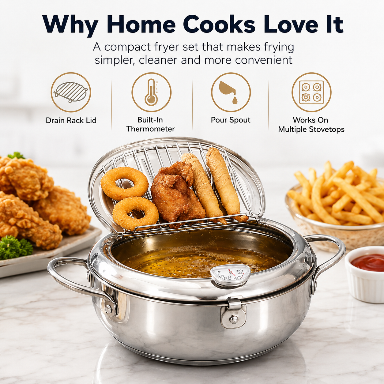 🍗304 Stainless Steel Stovetop Deep Fryer Pot – With Thermometer