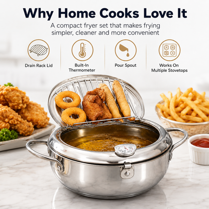 🍗304 Stainless Steel Stovetop Deep Fryer Pot – With Thermometer