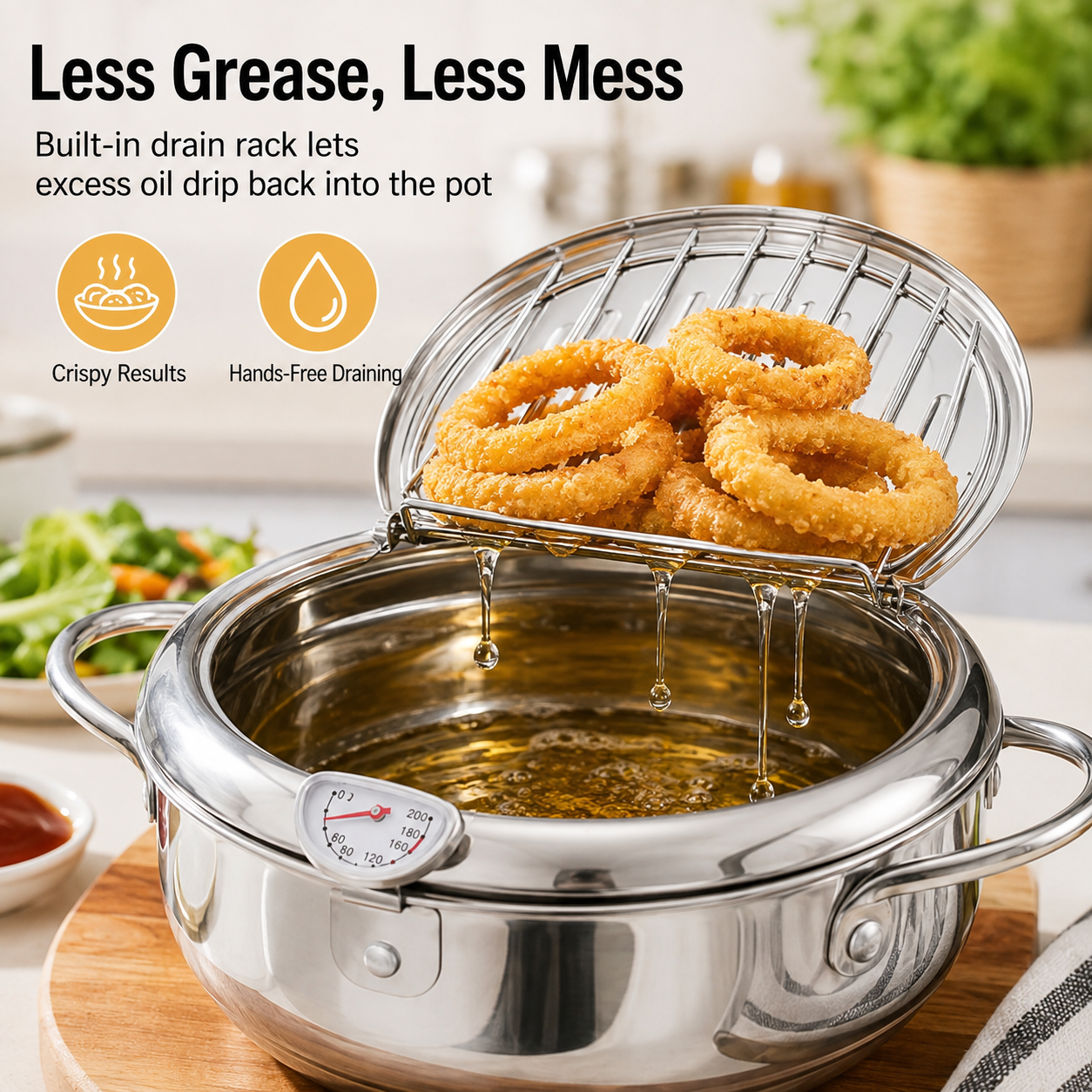 🍗304 Stainless Steel Stovetop Deep Fryer Pot – With Thermometer