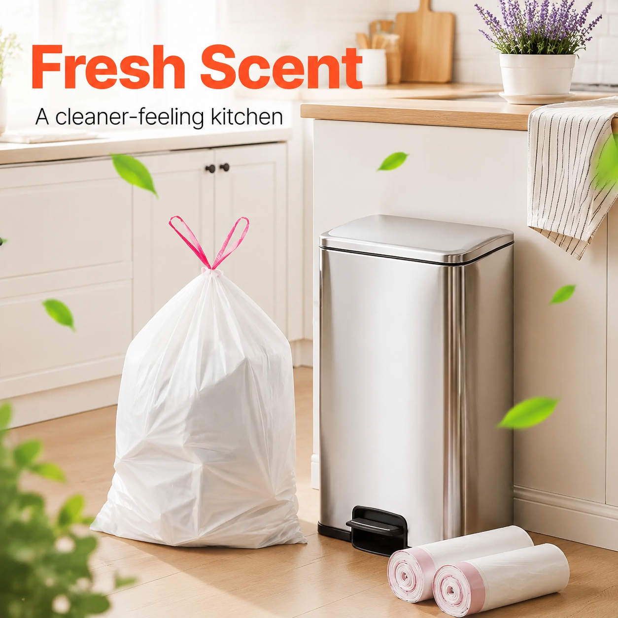 🗑️ Extra-Thick Fresh-Scent Drawstring Kitchen Trash Bags – 60 Count Leak-Resistant Bags for Home, Office, RV & Camping