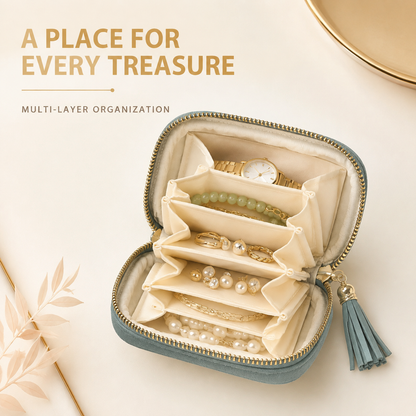 💎 Luxe Velvet Travel Jewelry Organizer – 5-Compartment Tangle-Free Storage Bag with Secure Tassel Zipper ✨