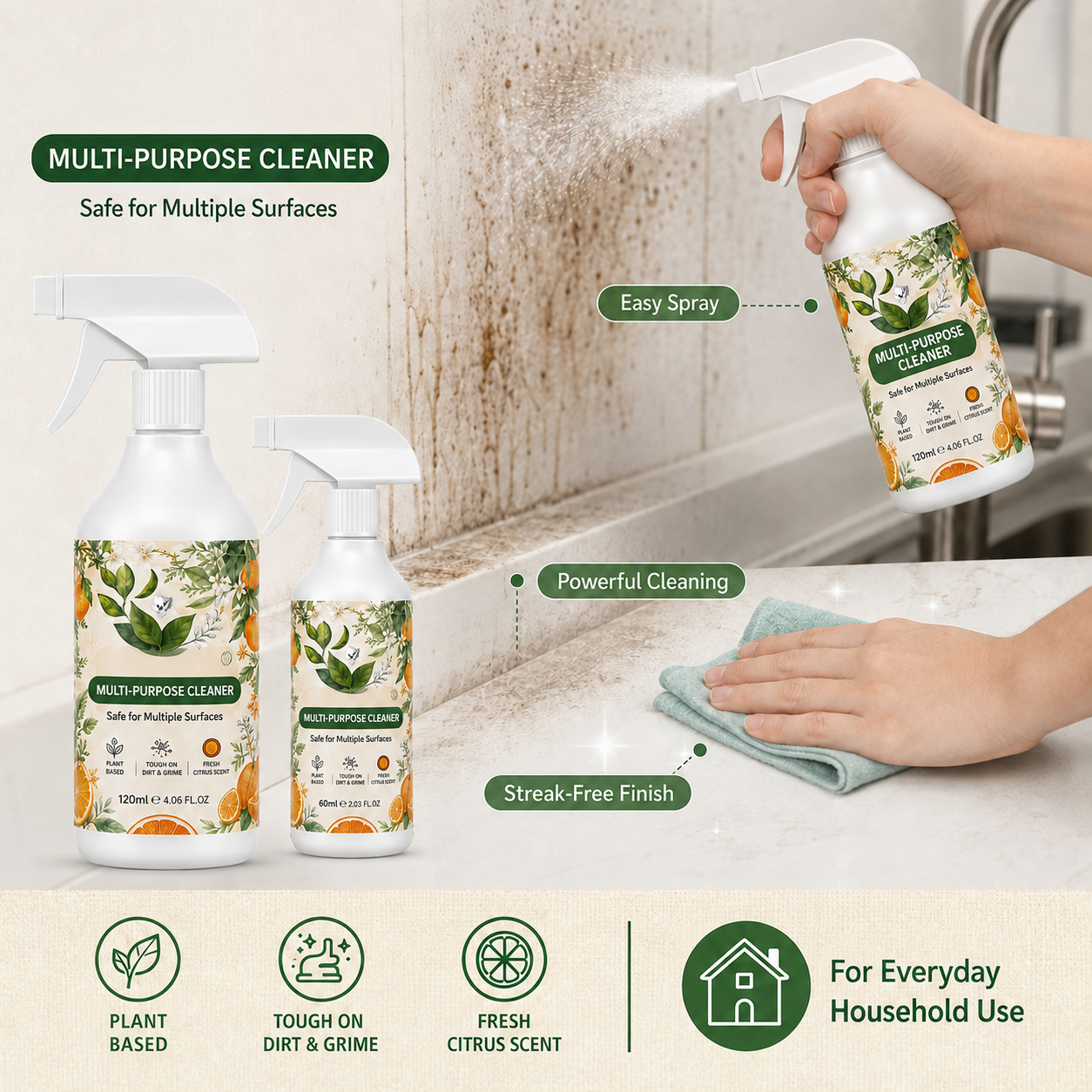 120 ML Multi-Purpose Kitchen & Bathroom Cleaner – Grease, Limescale & Stain Remover Spray