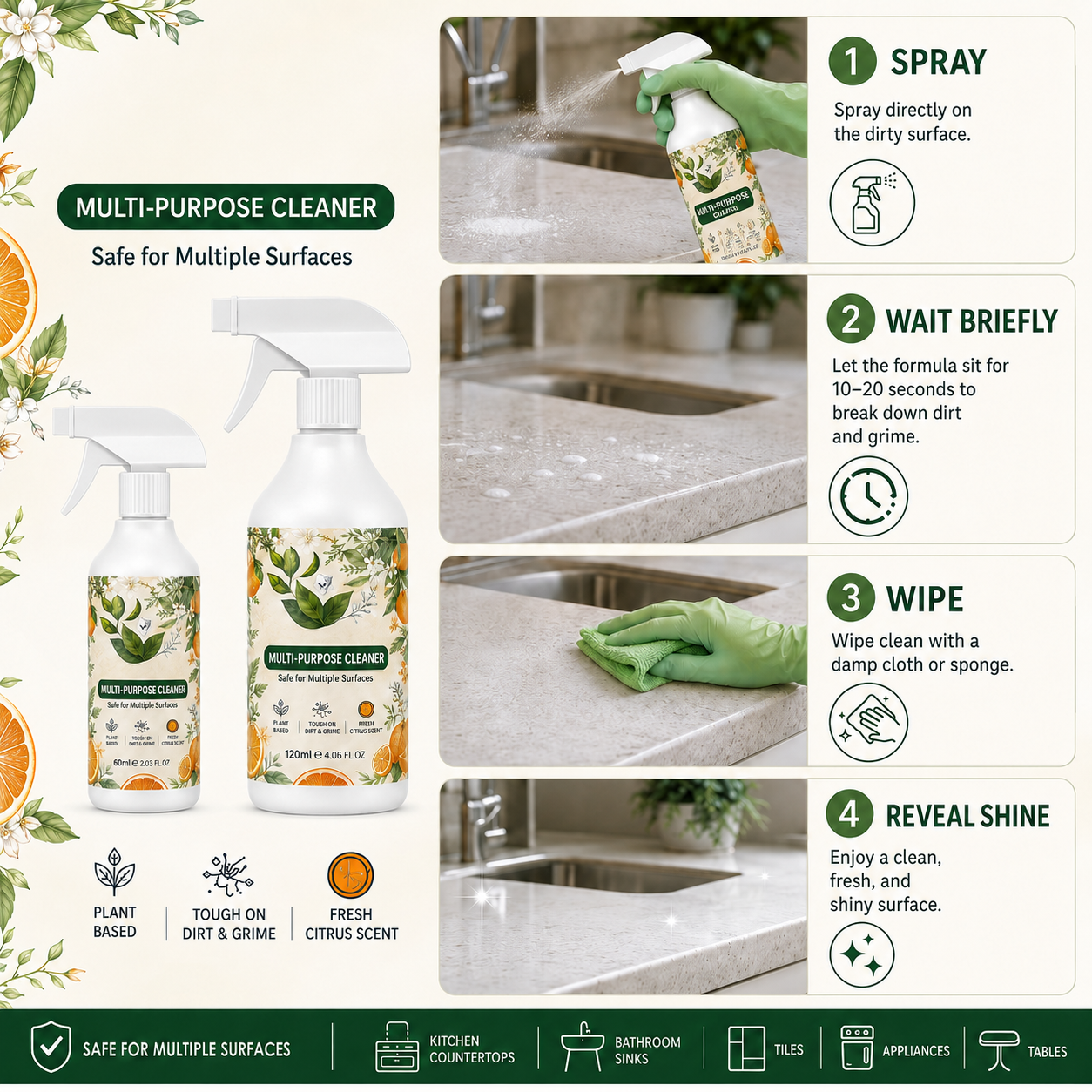 120 ML Multi-Purpose Kitchen & Bathroom Cleaner – Grease, Limescale & Stain Remover Spray