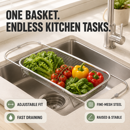 Stainless Steel Expandable Over-The-Sink Colander Strainer Basket