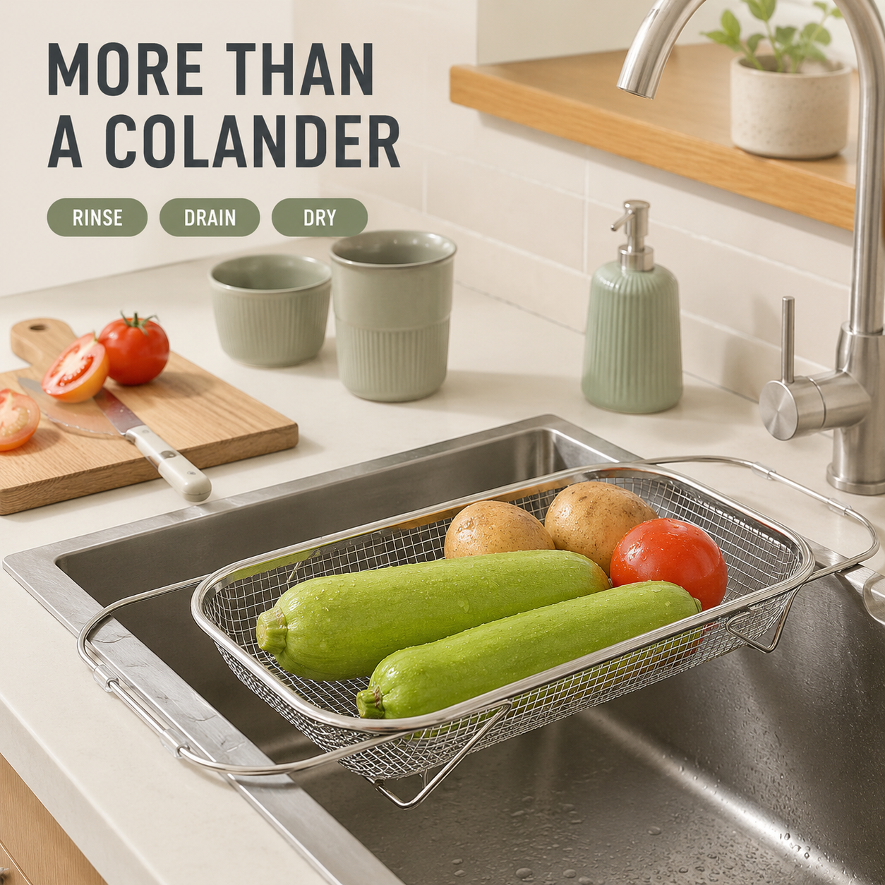 Stainless Steel Expandable Over-The-Sink Colander Strainer Basket