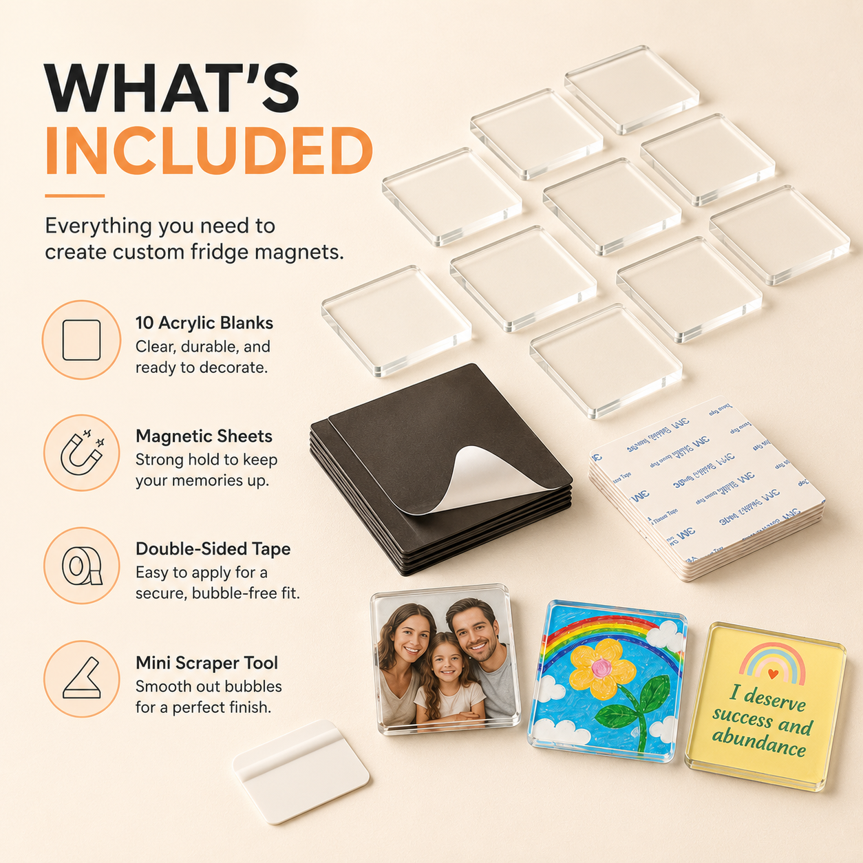 Magnetic Photo Frames 2"x2" Clear Acrylic DIY Fridge Magnets with Adhesive Backing